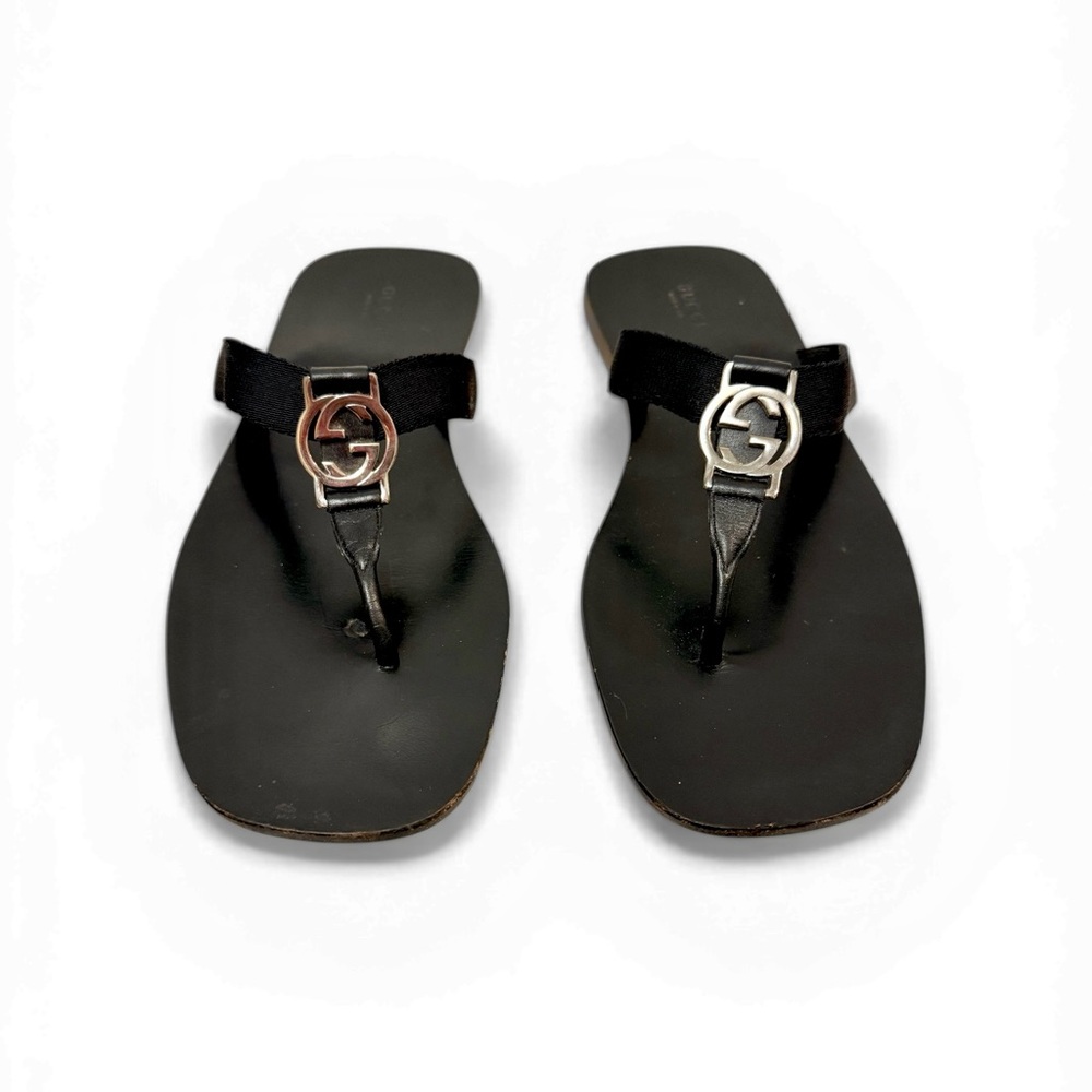 Gucci Black Logo Thong Sandals with Silver Accents Size US 9.5 Women’s